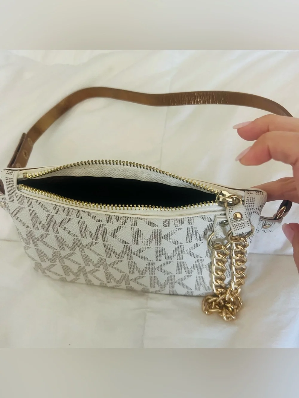 Michael Kors White Logo Fanny Pack with Gold Chain Strap